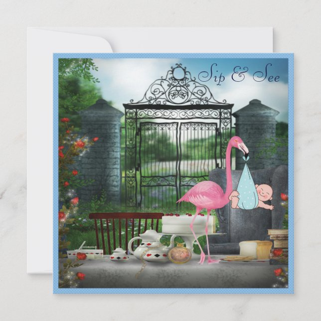 Wonderland Flamingo Sip & See Boy Baby Shower Invitation (Front)
