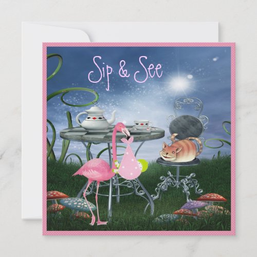 Wonderland Flamingo Sip  See Girl Baby Shower Invitation