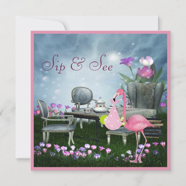 Wonderland Flamingo Sip & See Girl Baby Shower Invitation (Front)
