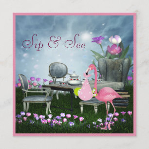 Wonderland Flamingo Sip & See Girl Baby Shower Invitation
