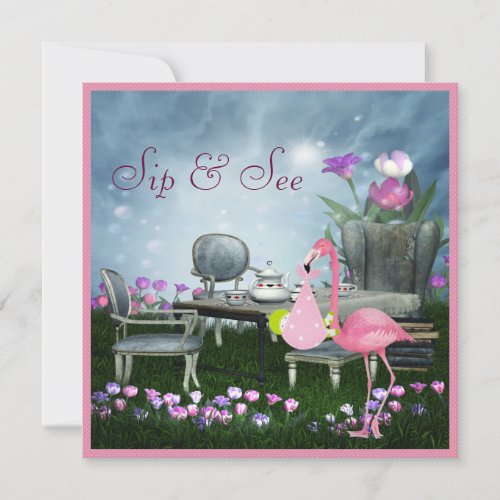 Wonderland Flamingo Sip  See Girl Baby Shower Invitation