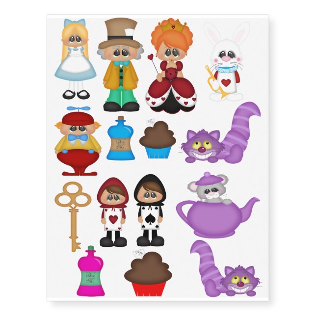 Wonderland Mad Hatter Cheshire Cat Alice rabbit Temporary Tattoos (Front)