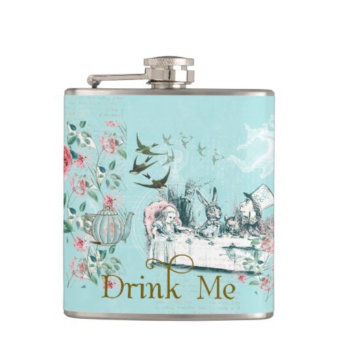 Wonderland Mad Tea Party Aqua Pink Flask