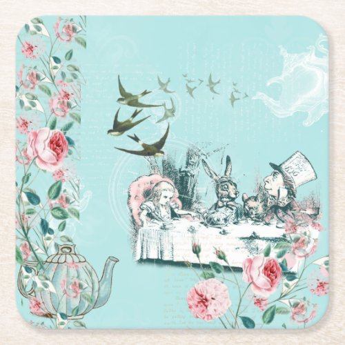 Wonderland Mad Tea Party Aqua Pink Paper Coaster