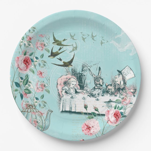 Wonderland Mad Tea Party Aqua Pink Paper Plate (Front)