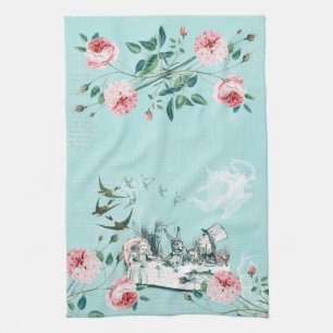 Wonderland Mad Tea Party Aqua Pink Tea Towel