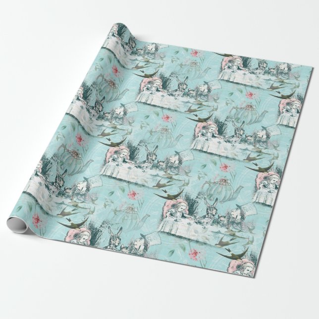 Wonderland Mad Tea Party Aqua Pink Wrapping Paper (Unrolled)