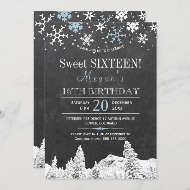 Wonderland snowflakes chic winter sweet sixteen invitation (Front/Back)