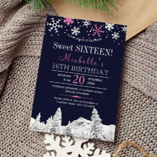 Wonderland snowflakes winter pink sweet sixteen invitation
