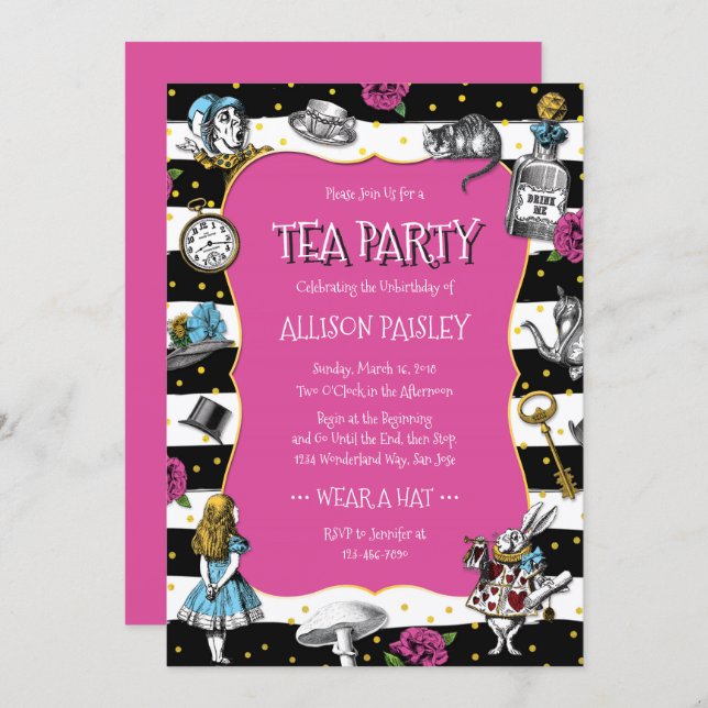 Wonderland Tea Party Hot Pink Invitation (Front/Back)