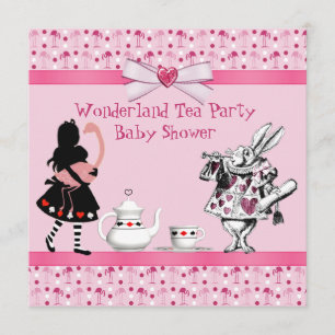 Wonderland Tea Party Pink Flamingos Baby Shower Invitation