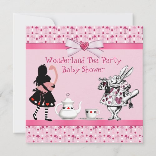 Wonderland Tea Party Pink Flamingos Baby Shower Invitation