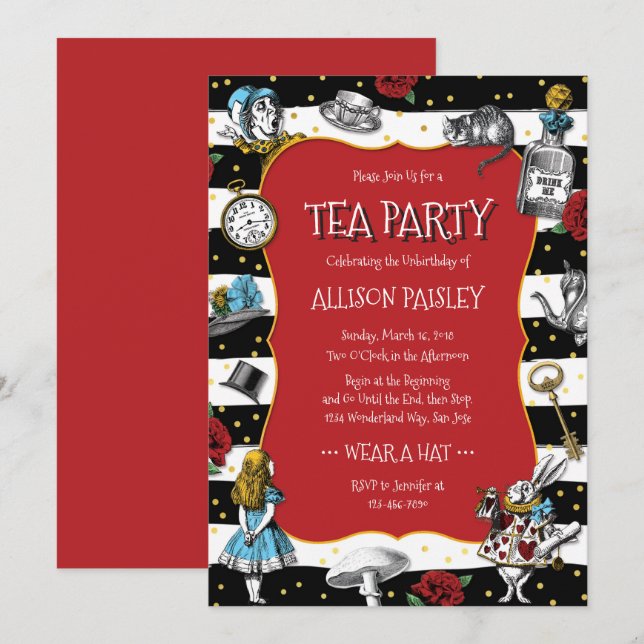 Wonderland Tea Party Whimsical Red Invitation (Front/Back)