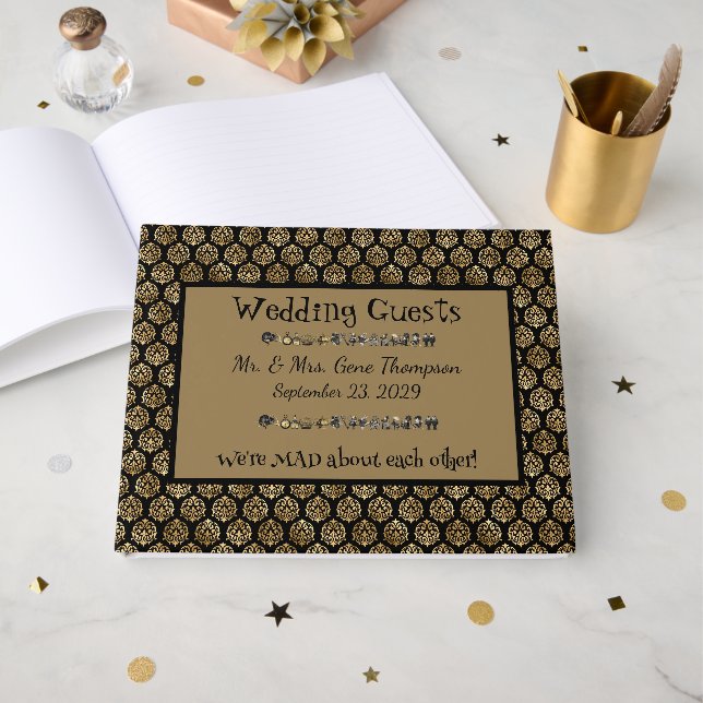 Wonderland Whimsy Black, Gold Wedding Guestbook (Front Open)