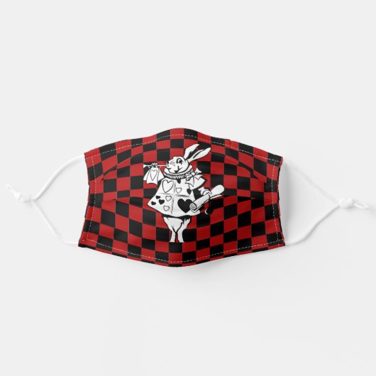 Wonderland White Rabbit Black & Red Checkerboard Adult Cloth Face Mask (Front, Unfolded)