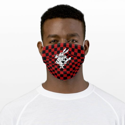 Wonderland White Rabbit Black & Red Checkerboard Adult Cloth Face Mask (Worn)