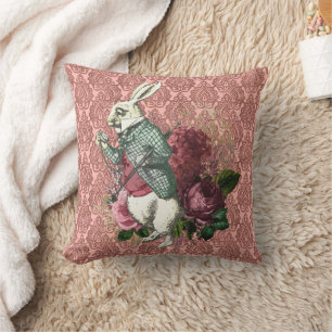 Wonderland White Rabbit Floral Throw Pillow
