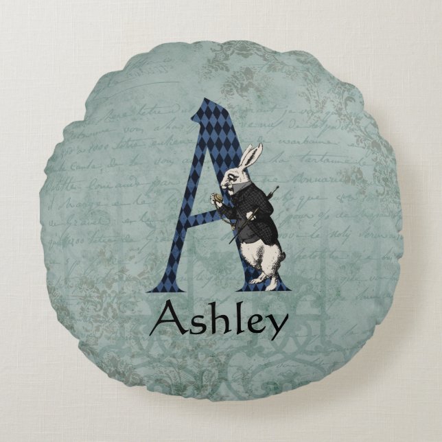 Wonderland White Rabbit Letter A  Round Pillow (Front)