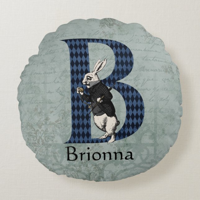 Wonderland White Rabbit Letter B Round Pillow (Front)