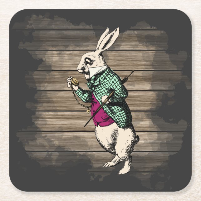 Wonderland White Rabbit Mint Square Paper Coaster (Front)