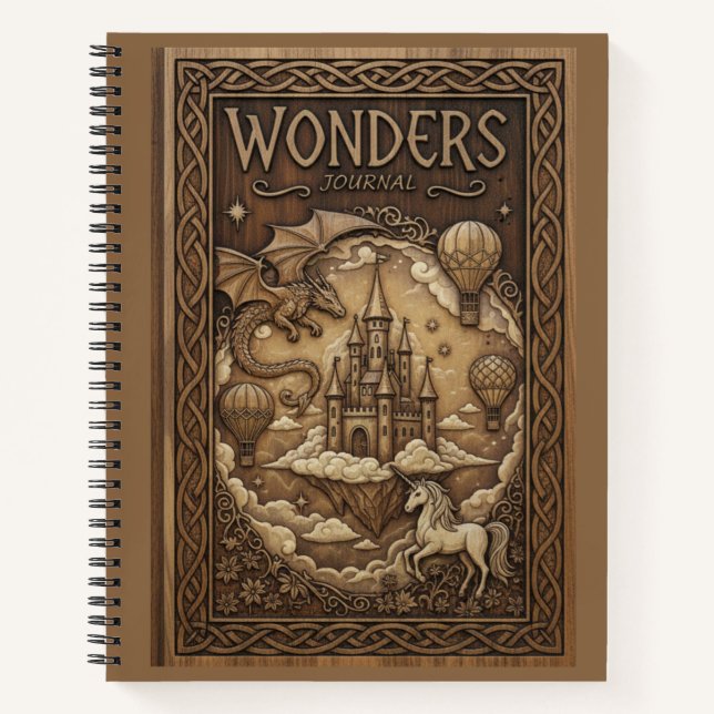 Wonders Journal Fantasy Dragon Unicorn Wood Carved (Front)