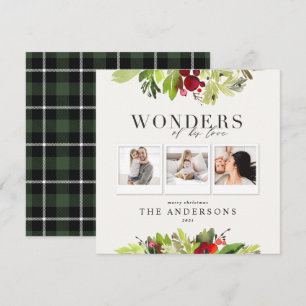 Wonders of his love 3 photo plaid and foliage holiday card