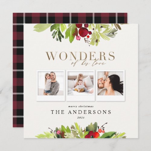 Wonders of his love 3 photo plaid gold foliage holiday card