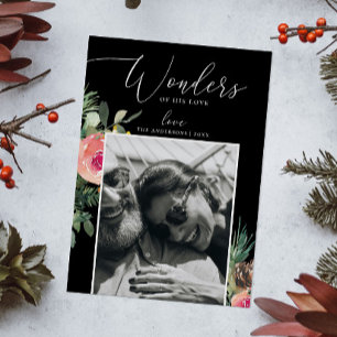 Wonders of His Love Black Floral Christmas Photo Holiday Card