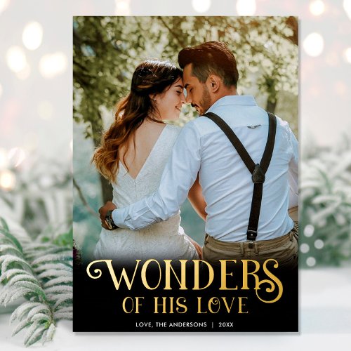 Wonders of His Love Black Gold newlywed Christmas Foil Holiday Card