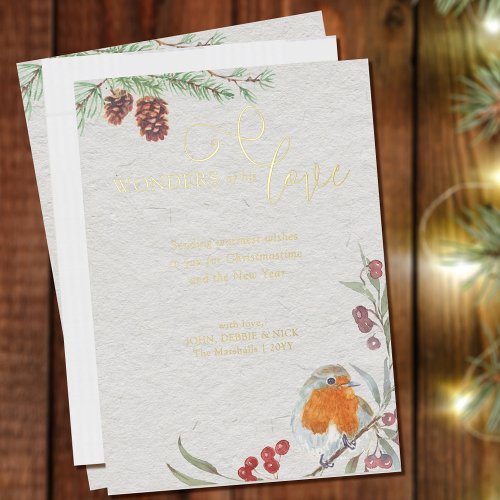 Wonders of his Love Christmas Robin and Pine Gold  Foil Holiday Card