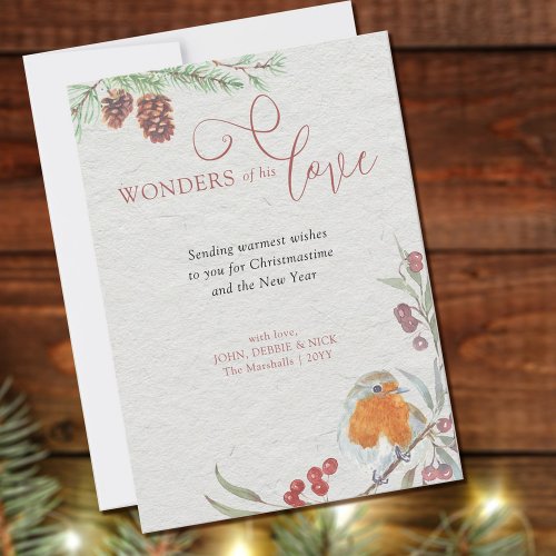 Wonders of his Love Christmas Robin and Pine Holiday Card