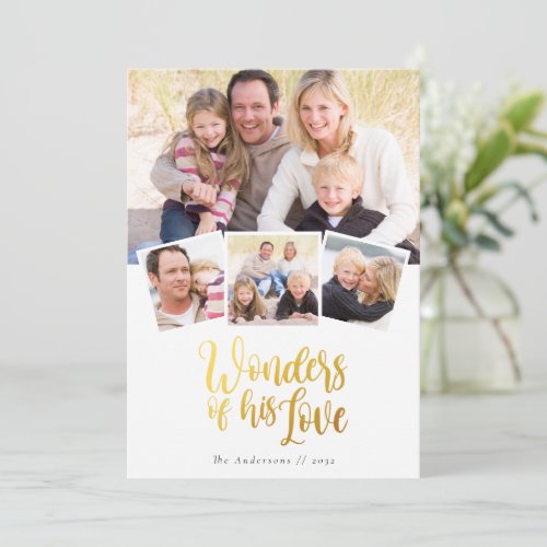 Wonders of His Love Gold Foil Photo Collage Holiday Card