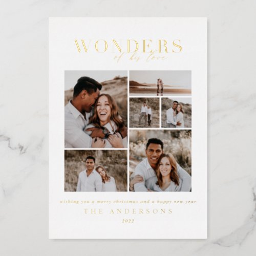Wonders of his love multi photo green red berries foil holiday card