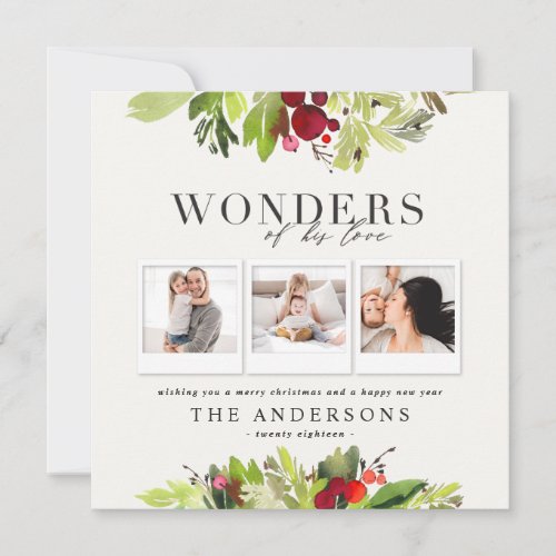 Wonders of his love multi photo plaid and foliage holiday card