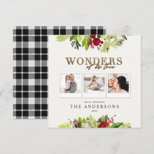 Wonders of his love multi photo plaid gold foliage holiday card