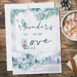 Wonders of His Love New Home Watercolor Forest Announcement<br><div class="desc">Watercolor Holiday moving announcement card with misty forest and sprigs of pine. Wonders of His Love is lettered with handwritten script and illustrated typography. The design can be edited for a single person or a family and you can also include your new address, sign off and name(s). An elegant choice...</div>