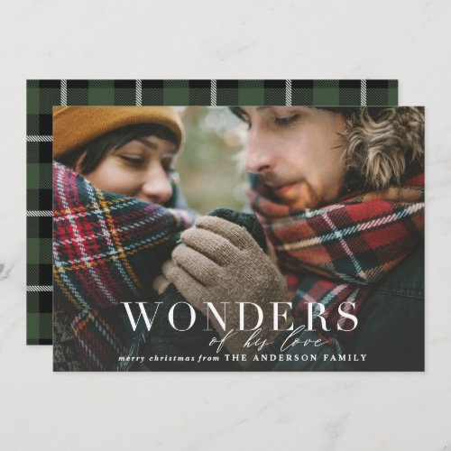 Wonders of his love plaid photo modern script holiday card