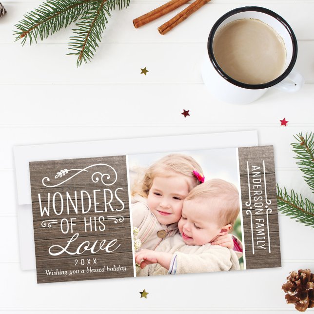 Wonders of His Love Rustic Photo Panel Holiday Card (Creator Uploaded)