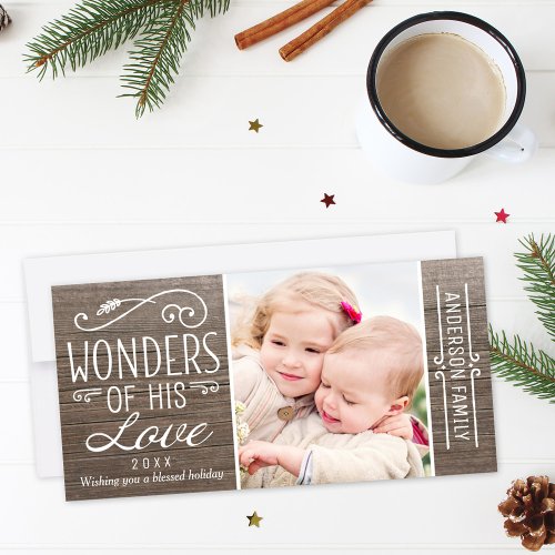 Wonders of His Love Rustic Wood Christmas Photo Holiday Card