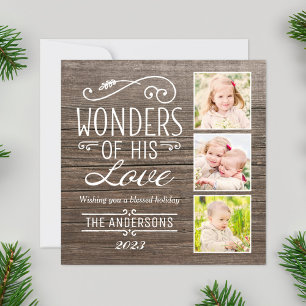 Wonders of His Love Rustic Wood Photo Collage Holiday Card