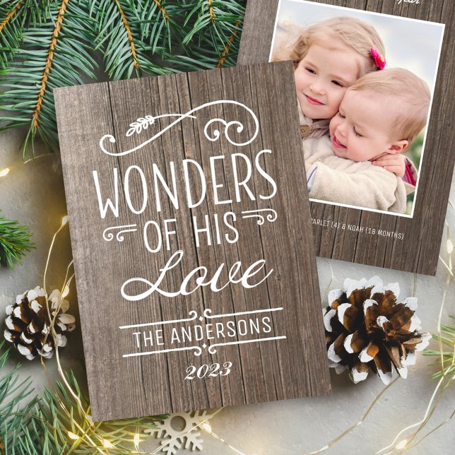 Wonders of His Love Rustic Wood Photo Holiday Card (Creator Uploaded)