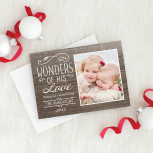 Wonders of His Love Rustic Wood Photo Holiday Card