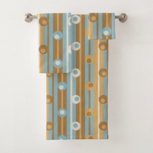 Wonky Polka Dots and Stripes, Apricot, Blue, Brown Bath Towel Set