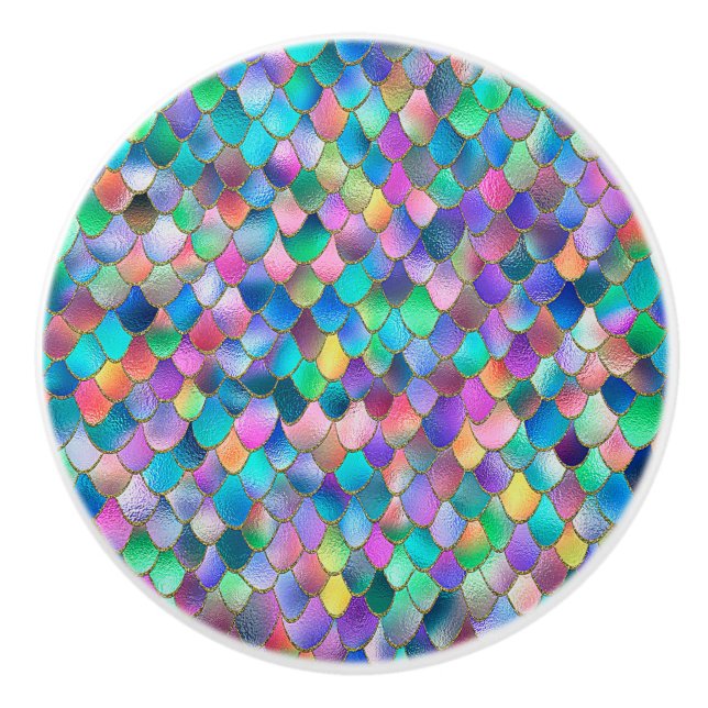 Wonky Rainbow Glitter Metal Mermaid Scales Ceramic Knob (Front)