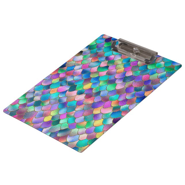 Wonky Rainbow Glitter Metal Mermaid Scales Clipboard (Angled)
