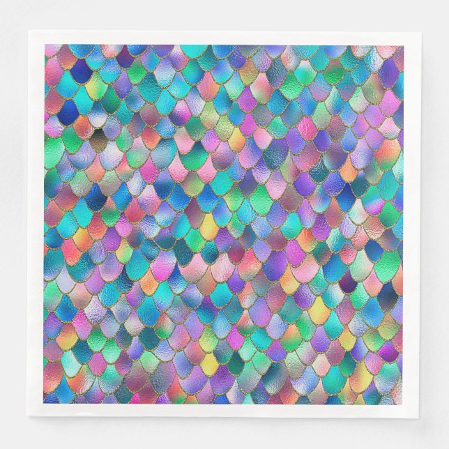 Wonky Rainbow Glitter Metal Mermaid Scales Paper Dinner Napkins (Front)