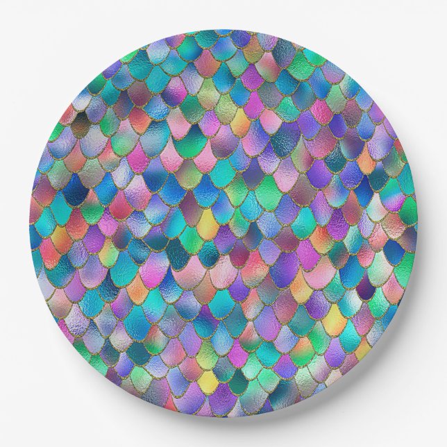 Wonky Rainbow Glitter Metal Mermaid Scales Paper Plates (Front)