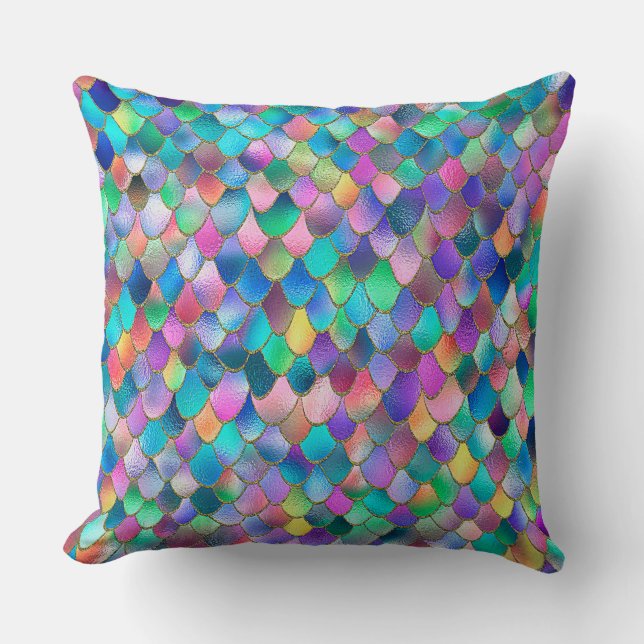Wonky Rainbow Glitter Metal Mermaid Scales Throw Pillow (Front)