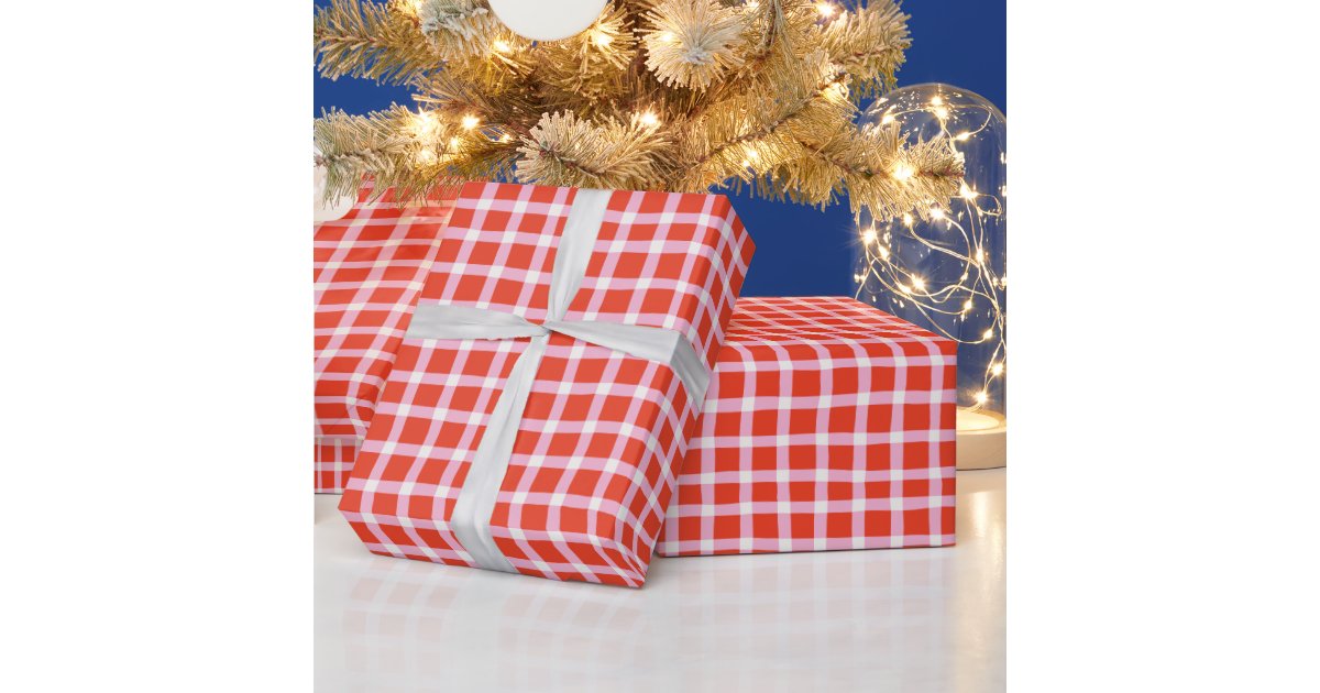 Wonky Red and Pink Gingham Christmas Picnic Wrapping Paper Zazzle