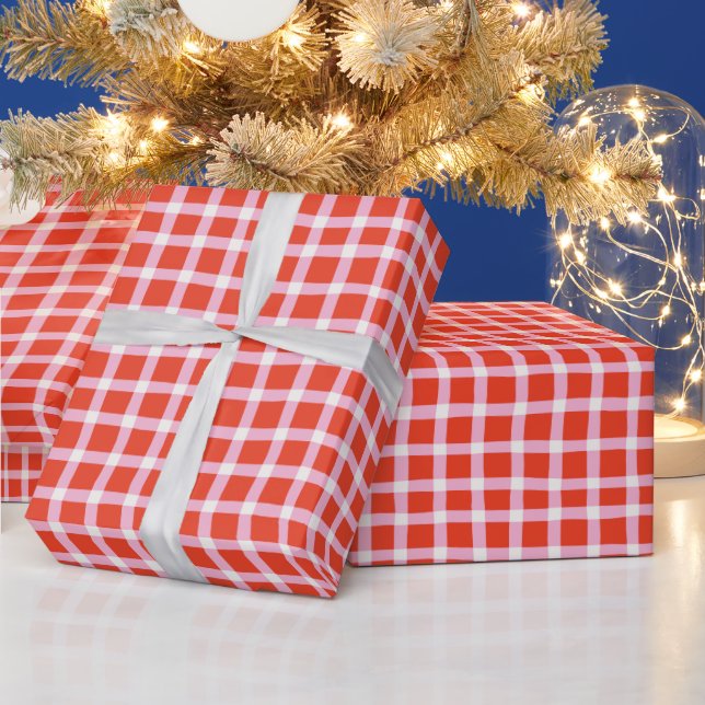 Wonky Red and Pink Gingham Christmas Picnic Wrapping Paper (Holidays)